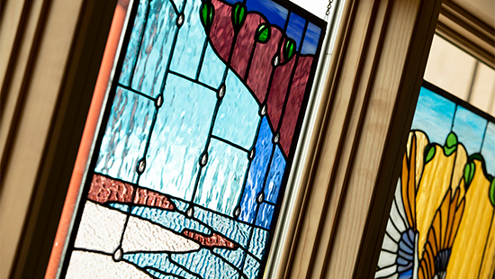Stained glass segment from Assembly Mennonite Church, Goshen, Indiana.